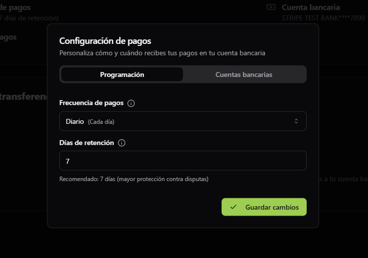 Modal de configuración de retiros