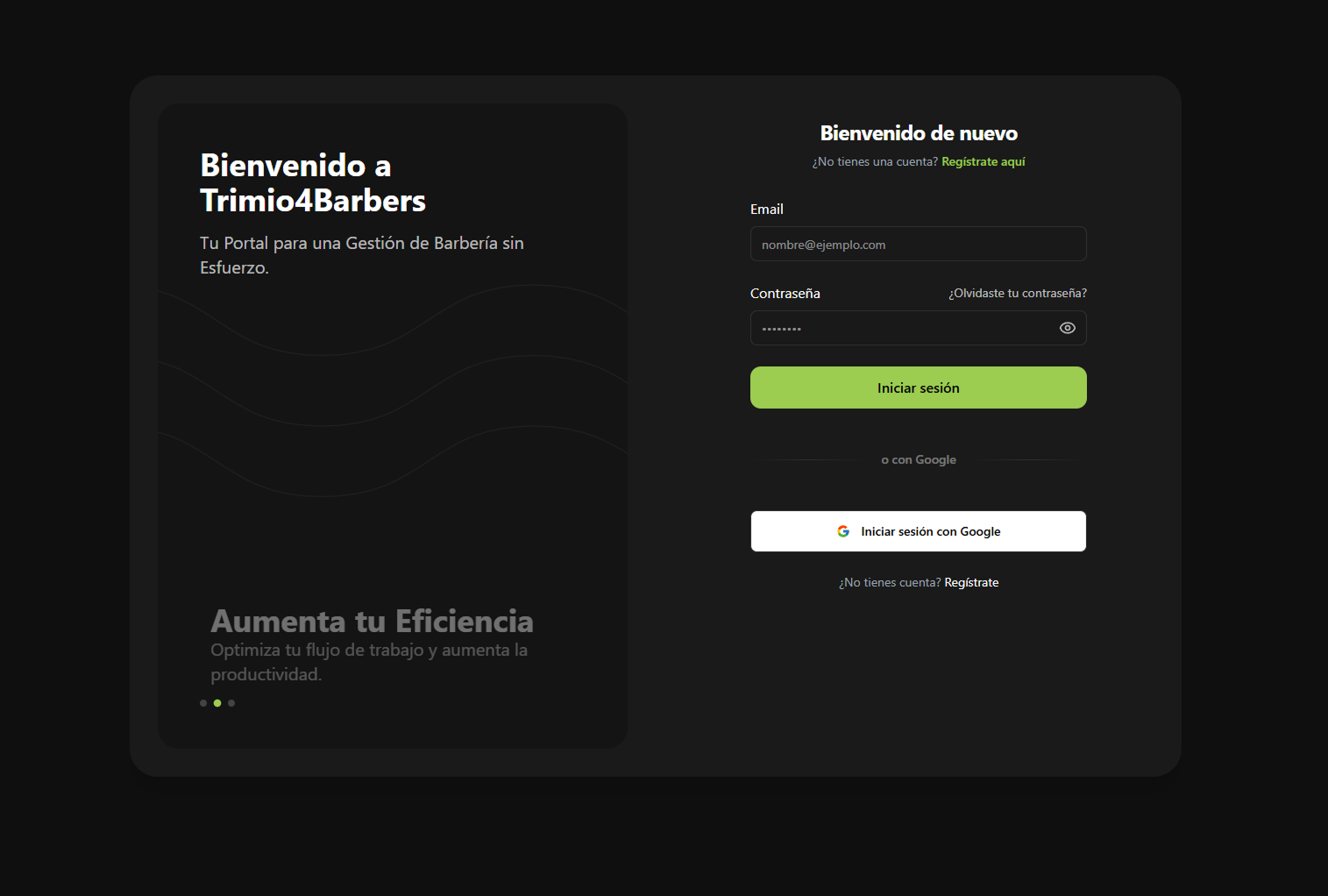 Pantalla de inicio de sesión de Trimio4Barbers